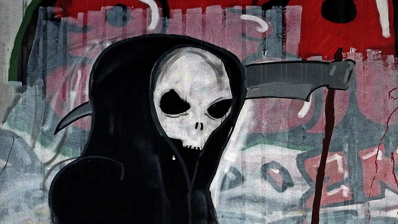 day, multi colored, people, human representation, disguise, Grim Reaper, paint, 1080P, indoors, artwork, close-up, male likeness, graffiti, representation
