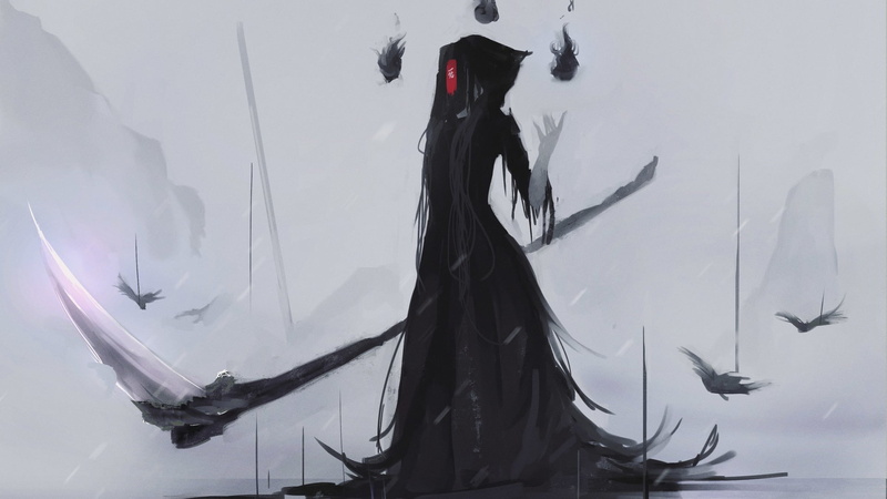 Grim Reaper, anime, Aoi Ogata, scythe, black dress, anime girls, mask, 1080P