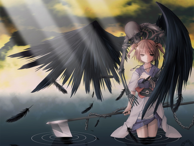 skull, 720P, anime, wings, Touhou, Grim Reaper, Onozuka Komachi, anime girls