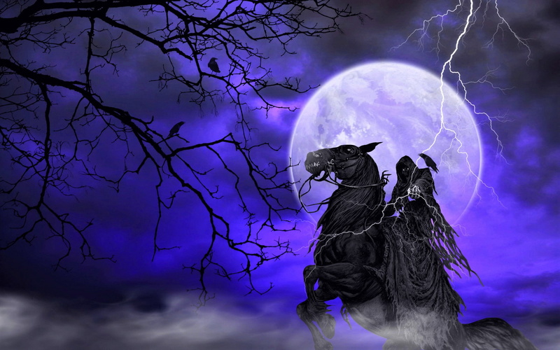 Horse, Black, Raven, Night, Dark, Lightning, 1080P, Grim Reaper, Death, Moon