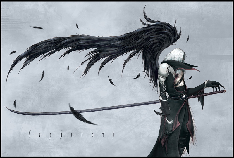 sephiroth, 720P, vii, fantasy, angel, paintings, art, dark, final, weapons, games, video, wings, hd, Final Fantasy VII, feathers, black, ki