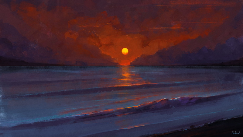 digital art, sea, landscape, 1080P, Sephiroth Art, sunset, painting