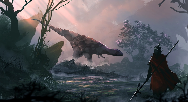 mist, samurai, character, beauty in nature, belief, dinosaur, tree, battle, male likeness, outdoors, nature, sky, spirituality, cloud - sky, sculpture
