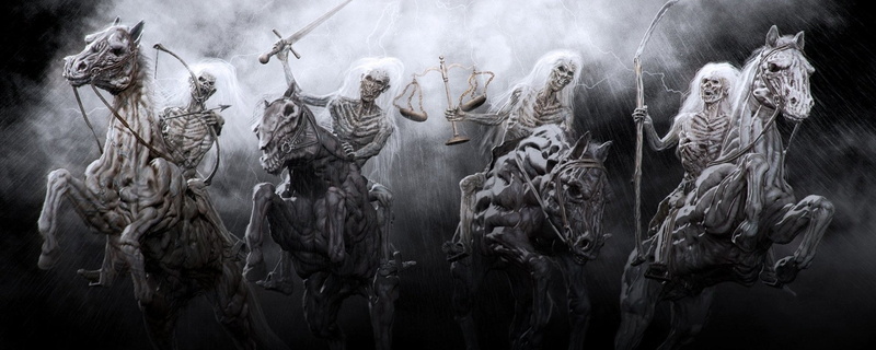 day, indoors, 1080P, craft, skeleton, Dark, large group of objects, retail, hanging, statue, Occult, Armageddon, horses, representation, in a row