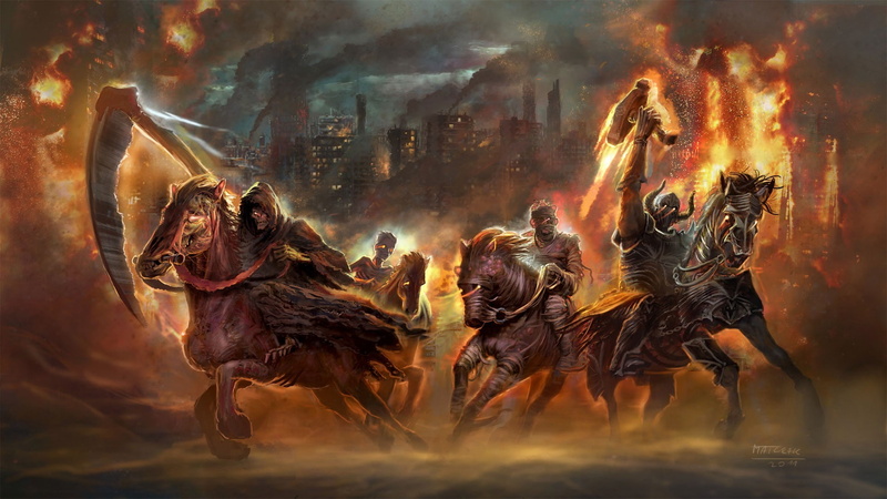 horse, destruction, apocalyptic, 1080P, fantasy art, war, scythe, Four Horsemen of the Apocalypse, fire