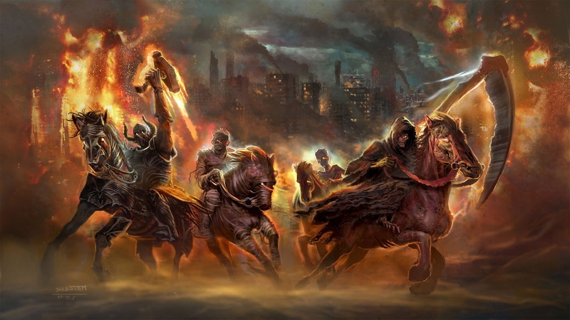 group of people, fire, fantasy Art, 1080P, scythe, multi colored, motion, architecture, war, religion, digital composite, burning, Four Horsemen Of The Apocalypse