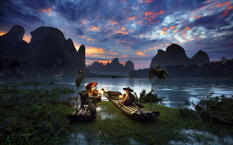 river, trees, plants, 1080P, boat, birds, mountains, landscape, lantern, old people, nature, water, China, men, fishermen, sunset, clouds, beards