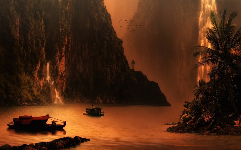 tree, waterfall, mountains, mountain, sky, body, outdoors, lake, mode of transportation, sunset, birds, 1080P, mist, tranquility, rock formation, sea