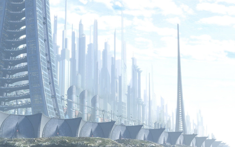 buildings, built structure, building exterior, day, city, nature, cloud - sky, low angle view, futuristic city, architecture, concrete, pattern, digital composite