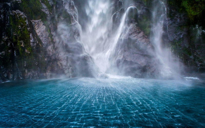 mountains, moss, painting, no people, environment, tranquility, waterfall, day, scenics - nature, cliff, long exposure, rainforest, New Zealand, non-urban scene