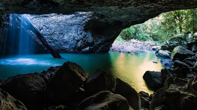 waterfall, 1080P, beauty in nature, river, eroded, flowing water, water, rock - object, day, cave creek, sea cave, stream, body of water, tranquil scene