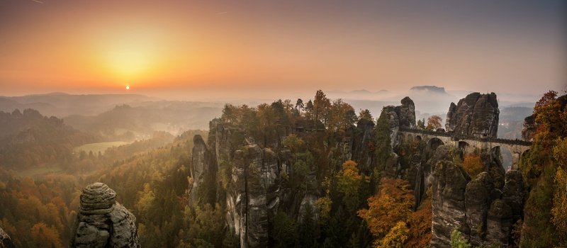 sunrise, autumn, environment, tree, sandstone, outdoors, pine woodland, mountain, travel, beauty in nature, elbe, change, travel destinations, landscape