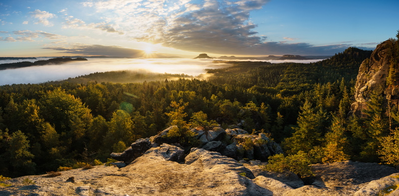 Saxon Switzerland, dawn, Germany, panorama, sunrise, fog, morning, 5K, mountains, Saxony, forest, Elbe Sandstone Mountains