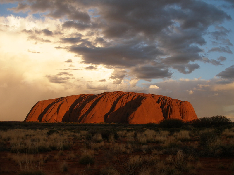 sunlight, beauty in nature, Uluru, eroded, sky, rock, cloud - sky, orange color, landscape, Ayers Rock, nature, scenics - nature, brown, uluru, non-urban scene