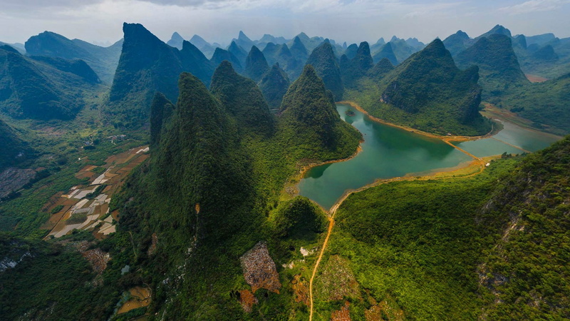 scenics - nature, water, high angle view, day, Guilin and Lijiang River National Park, environment, plant, green, mountain peak, tranquil scene, mountain range