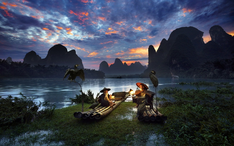 China, clouds, river, boat, mountains, sky, 1080P, shrubs, trees, nature, birds, landscape, lights, men, Guilin
