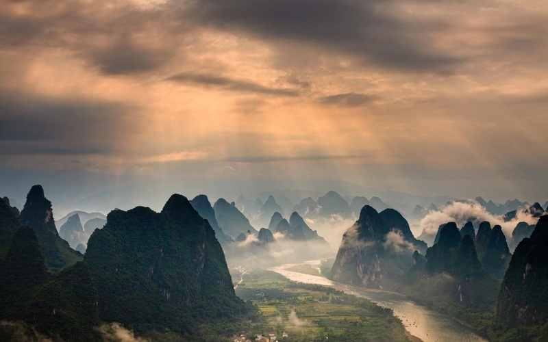 clouds, mist, China, mountains, 720P, nature, Guilin, field, forest, sun rays, river, landscape