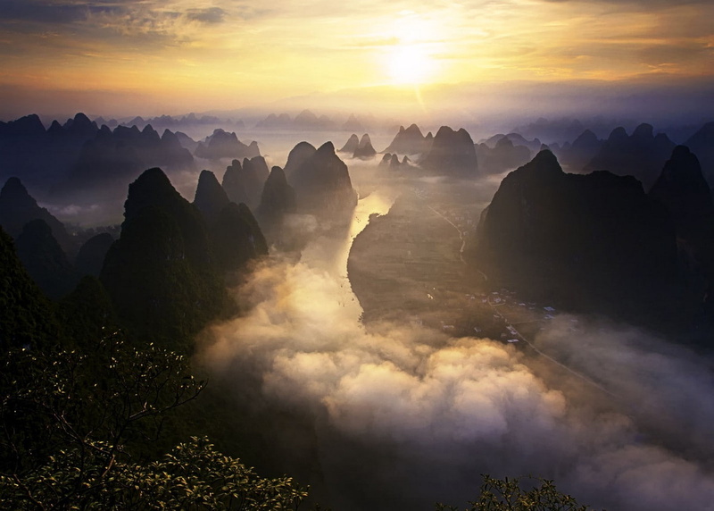 pine tree, sky, tranquility, cloud - sky, sun, no people, mountain peak, nature landscape sunrise mist mountains river shrubs sky town road guilin china