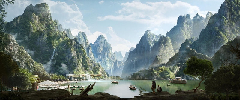 tranquil scene, mountains, nature, scenics - nature, sky, mist, leisure activity, valley, environment, day, beauty in nature, lake, tree, outdoors, illustration