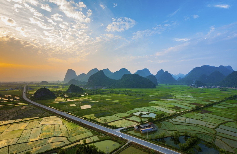 sunset, nature, 720P, landscape, mountains, China, photography, Guilin, clouds, village, Rice Paddy, field, road
