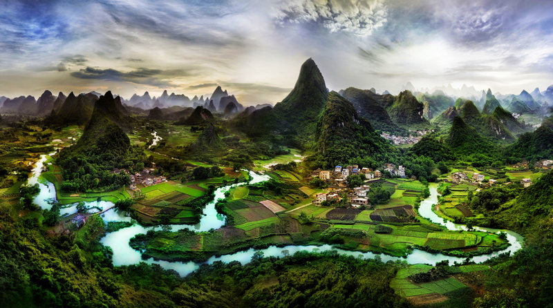 outdoors, China, green, tranquility, landscape, high angle view, building, sky, trees, tranquil scene, Guilin, no people, mountain, plant, cloud - sky