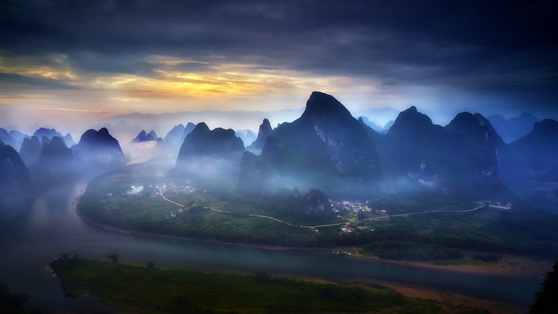 landscape, road, river, 1080P, Guilin, town, nature, sunrise, field, mist, China, sky, blue, mountain