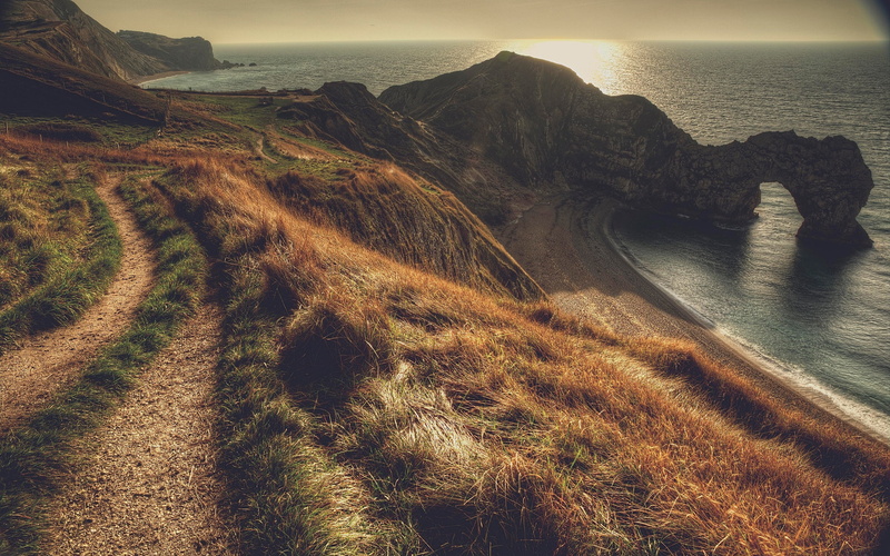 Dusk, Coast, green, West, brown, Durdle, Grass, South, England, Dorset, Door, 2K