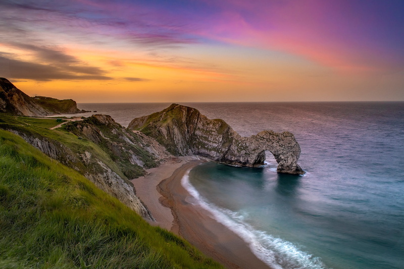 coast, sea, Durdle Door, England, sunset, Dorset, arch, The Jurassic coast, English Channel, rocks, Jurassic Coast, Deral-Dor, 1080P, The Channel