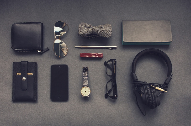 order, leather, high angle view, case, knolling - concept, equipment, no people, headphones, large group of objects, communication, mens, watch, eyeglasses