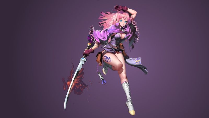 anime girls, colored background, simple background, one person, red flame, arts culture and entertainment, anime, pink hair, adult, dress, sword, beautiful woman