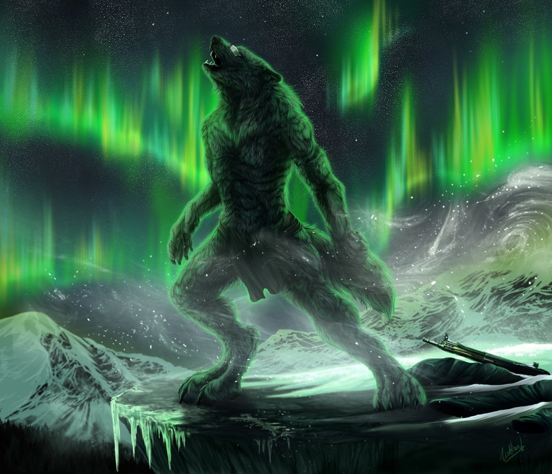 1080P, Werewolf, Night, Aurora Borealis, Dark, Creature, Mountain