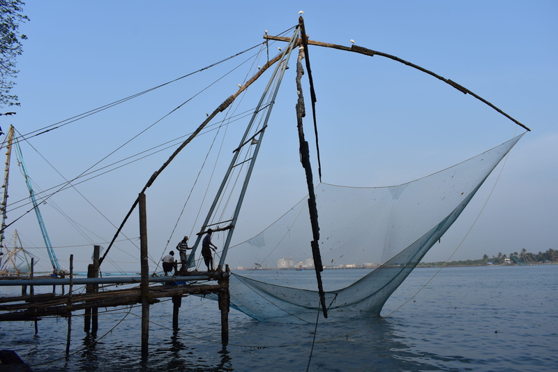 clear sky, mode of transportation, india, asia, waterfront, chinese fishing nets, fishing industry, cochin, sailing, outdoors, no people, travel, nature
