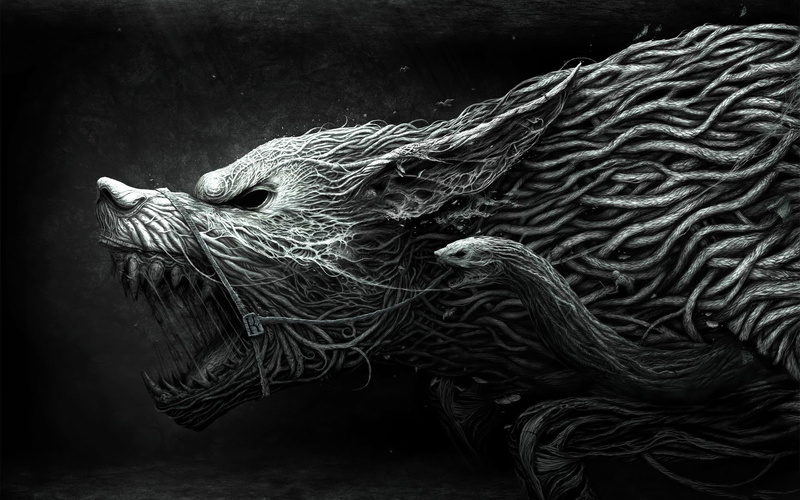 2K, creature, digital art, wolf, fantasy art, roots, dark fantasy, Werewolf, snake, horror, monochrome, simple background
