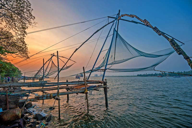 sunset, shore, fishing nets, Kochi, beach, ocean, India, the ocean, sea, 2K, fising nets