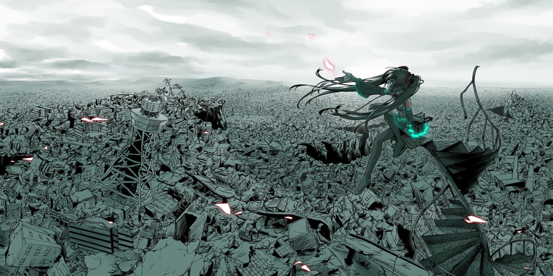 environment, tranquility, outdoors, water, no people, cloud - sky, ruin, beach, 2K, anime girls, Hatsune Miku, nature, sky, anime, beauty in nature, high angle view