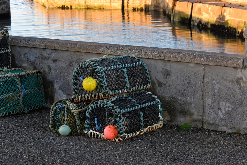 ball, sea, outdoors, no people, harbor, basket, fishing rod, yellow, water, tied up, rod, commercial, lobster, buoy, nylon, net, equipment, fishing industry