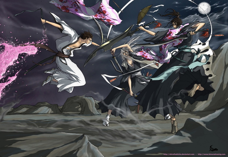 paper, nature, unrecognizable person, illustration, messy, people, Shunsui Kyōraku, Jushirou Ukitake, adult, swordsman, real people, day, Sousuke Aizen