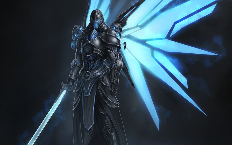digital art, wingsuit, futuristic armor, armor, warrior, sword, 1080P, wings, robot