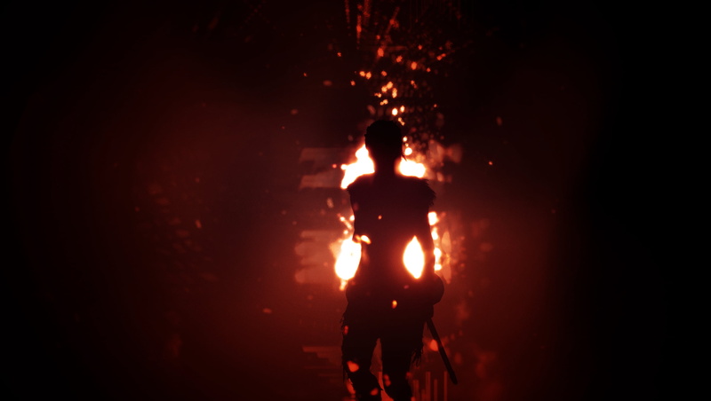 illuminated, Hellblade: Senuas Sacrifice, sign, night, dark, occupation, Senua, warning sign, Nvidia Ansel, sword, fire, burning, 2K, indoors, rear view