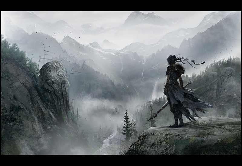 sword, Hellblade, non-urban scene, illustration, tranquility, holding, sky, auto post production filter, human arm, character, outdoors, transfer print