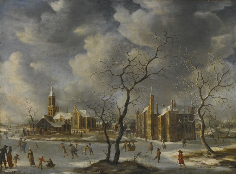 illustration, near, day, water, men, buildings, anthony beerstraten, city, frozen, outside, lake, ice, artistry, oil on canvas, real people, tree, cloud - sky