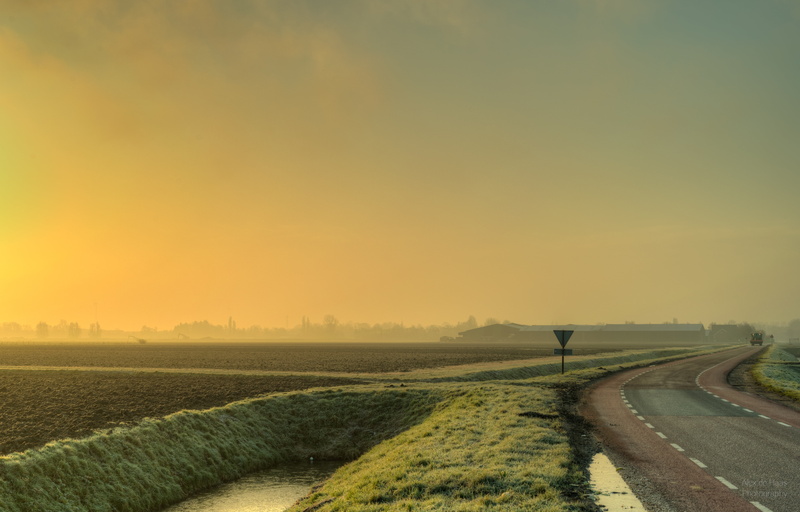 gray, sunrise, cemented, warm, morning, nature, akker, sun, road, high dynamic range, beauty, Misty, 5K, Nikon D5, ditch, weg, daylight, fire, sky, mist