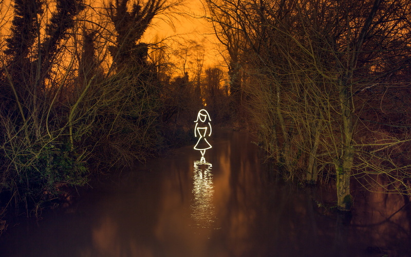 painting, hd, leafless, night, nature, light, river, 2K, trees
