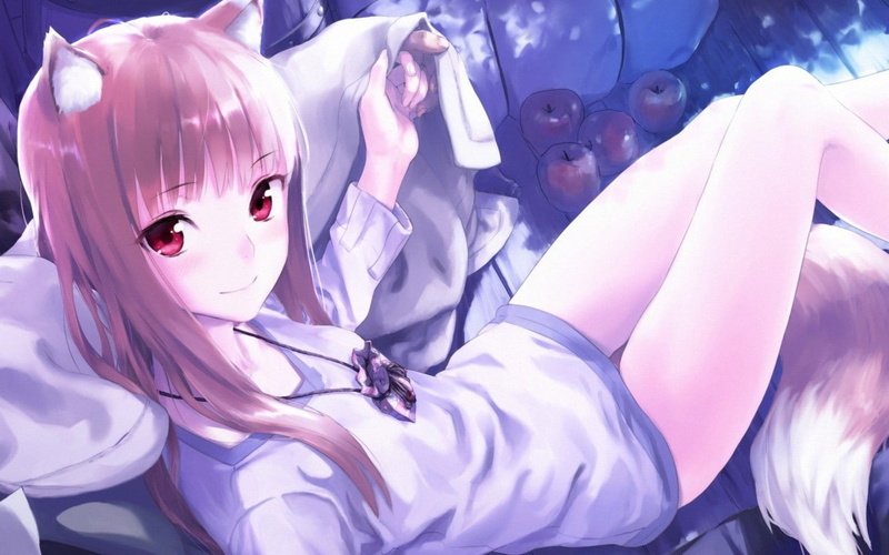 eyes, women, manga, apples, pink color, anime girls, pink hair, indoors, arts culture and entertainment, clothing, Holo, portrait, art and craft, design