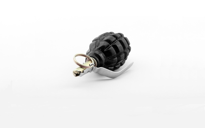 grenade, no people, single object, studio shot, white background, black, crumpled, metal, close-up, Russian Army, still life, high angle view, black color