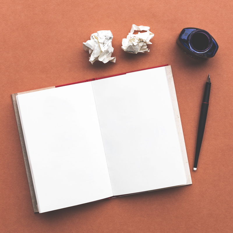pen, ink, group of objects, directly above, copy space, table, paper, creativity, crumpled paper ball, no people, empty space, empty, 4K, blank page, from above