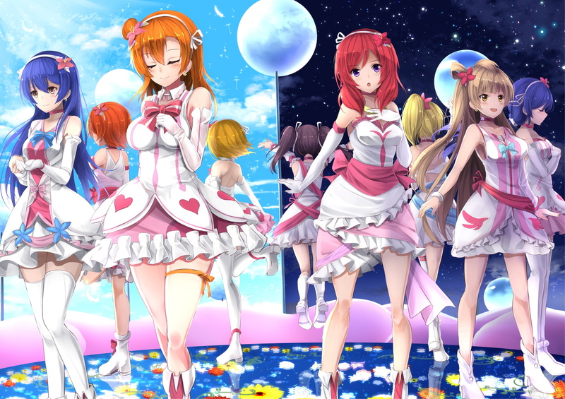 blue hair, stockings, Sonoda Umi, Kousaka Honoka, anime girls, dress, Ayase Eri, Nishikino Maki, redhead, Minami Kotori, anime, Koizumi Hanayo, long hair