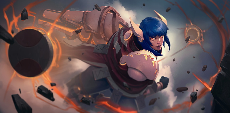 blue, hd, viewer, science, x, video, art, digital art, fiction, hair, Video Games, science fiction, Battlerite, games, digital, looking, 5000x2458 px, yellow eyes