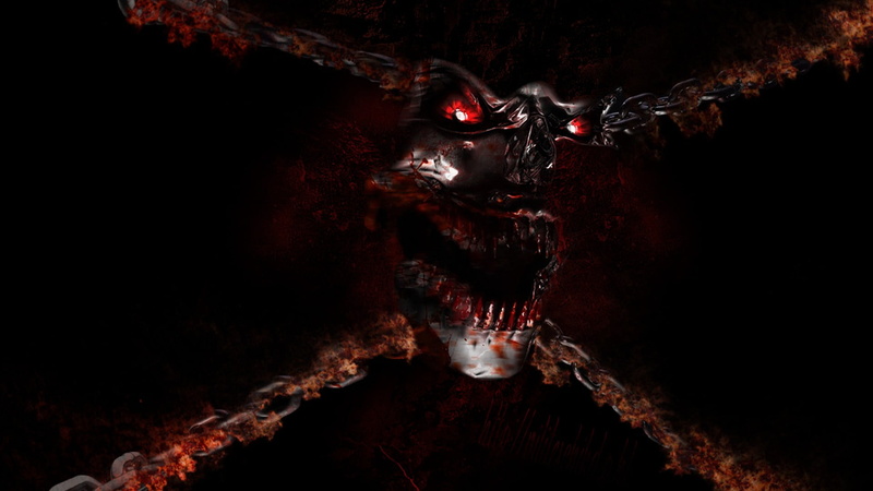 halloween, studio shot, dark, blood, fear, portrait, monster, adult, digital, black background, mystery, front view, dark fantasy, evil, chain, demon, skull