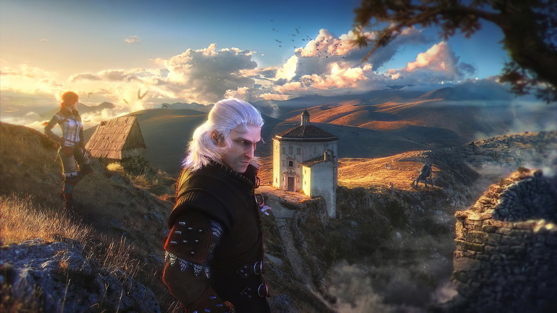 2K, Geralt of Rivia, medieval, The Witcher 2 Assassins of Kings, video game art, clouds, The Witcher, digital art, digital, landscape, Triss Merigold
